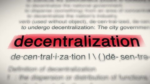 Sukabumi, Indonesia, April 25 2022: The Word Decentralization Red Highlighted in a Dictionary Animation
