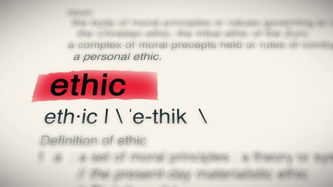 Sukabumi, Indonesia, April 25 2022: The Word Ethic Red Highlighted in a Dictionary Animation