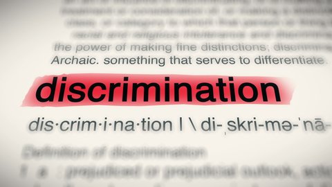Sukabumi, Indonesia, April 25 2022: The Word Discrimination Red Highlighted in a Dictionary Animation