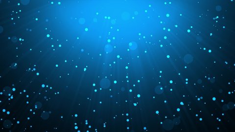 Animated background with slowly falling particles that are illuminated by light and the resulting rays. Light source at the top. Abstract scene for design. Blue color