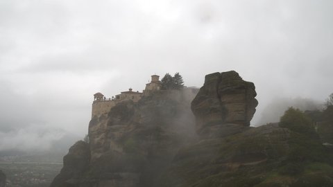 Rainy and Foggy Day in Kalambaka, Meteora Monastery, Greece, Time Lapse
