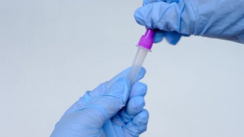 assistant makes express test in medical scientific laboratory, stirs sample of genetic sample, material in plastic tube, concept of determining ethnic origin, paternity, covid-19 infection