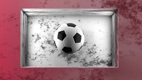 A soccer ball spins in a niche in a concrete wall. 3D render