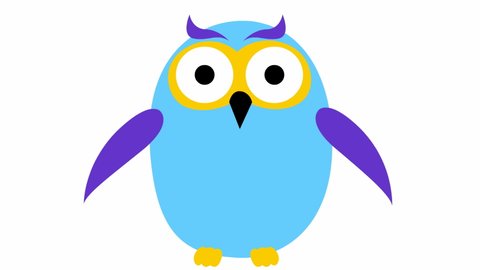 Animated funny blue owl flies. Looped video. Vector illustration isolated on a white background.