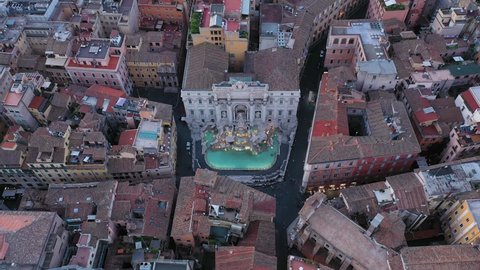 Aerial view of Trevi fountain (Fontana di Trevi) in Rome downtown, Italy.