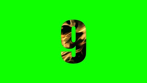 Burning number 9 isolated on green background for text animation in your video projects
