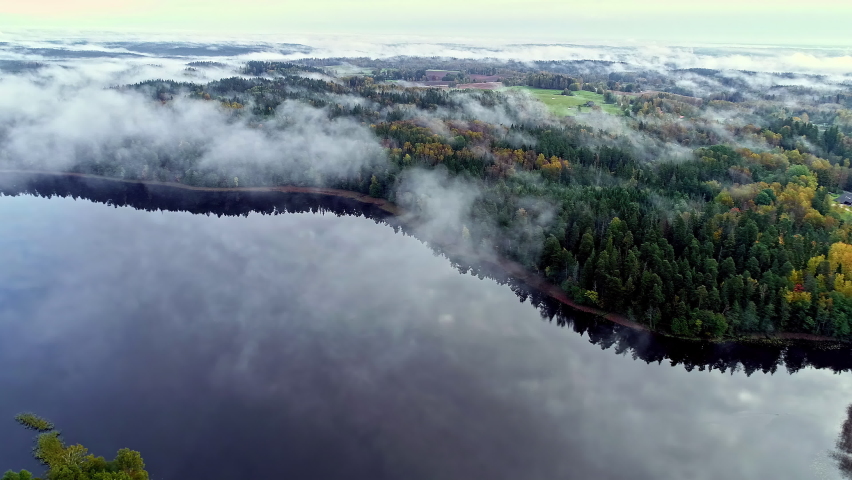 Aerial drone shot of a calm tranquil lake surrounded by green tree forest. White clouds mirroring on water surface on a cloudy day.