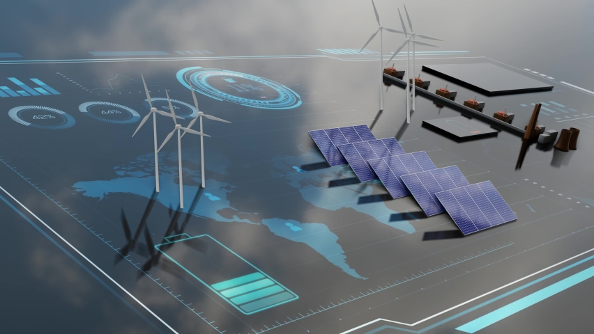 Solar panel, wind turbine and nuclear power green energy concept animation. Renewable energy data charts animation with 3D objects. 3D rendering animation. - Powered by Shutterstock - Get 15% off with code: PIKWIZARD15