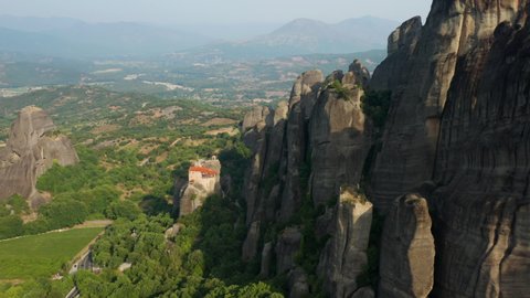 Aerial View Of Meteora Valley And Rock Formations At Daytime In Greece - drone shot