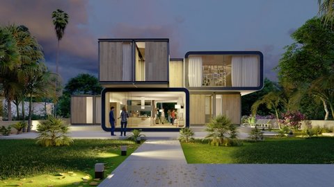 3D animation of a modern luxurious modular home with pool and garden at dusk