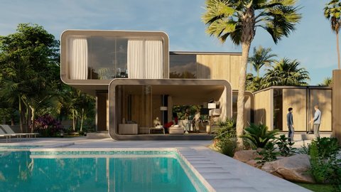 3D animation of a modern luxurious modular home with pool and garden