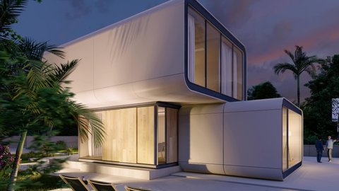 3D animation of a modern luxurious modular home with pool and garden at dusk