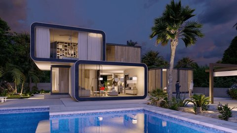 3D animation of a modern luxurious modular home with pool and garden at dusk : vidéo de stock