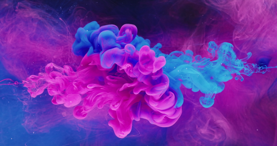 Ink color blend. Paint water drop. Transition reveal effect. Neon pink blue fluid splash on vibrant purple fume texture creative abstract background shot on Red Cinema camera 6k. Royalty-Free Stock Footage #1089709829