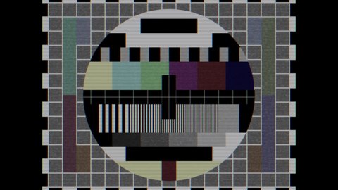 SMPTE color bars with VHS effect. SMPTE color stripe technical problems and retro tv screen flickering. Test pattern from a tv transmission with colorful bars.