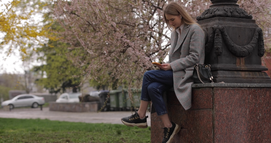 Woman talks with her friend by video chat online in the park