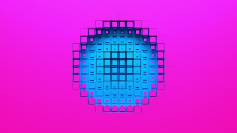 Blue voxels cut out of pink screen to form circular hole reveal green chroma key and transparent background. Abstract 3D animated intro. Alpha channel ProRes 4444 in 4k UHD included, color id.