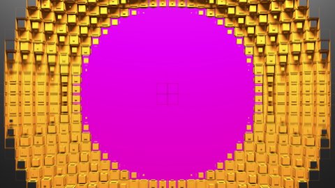 Multicolor voxel circle holes and rings diverge from the center of screen. Abstraction on green chroma key, 3D animated intro.