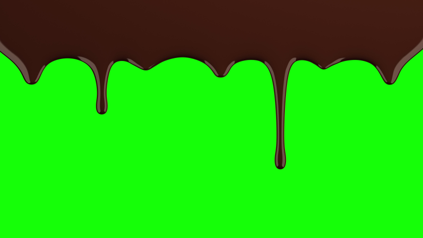 Chocolate drips on green screen and transparent background. Liquid flowing down the surface in streams, melting drops forming streaks. 3D animation. Chroma key, alpha channel ProRes 4444 in 4k UHD.
