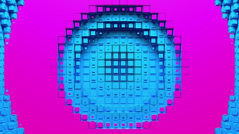 Blue voxel circle holes and pink rings diverge from the center of screen. Abstraction on green chroma key, 3D animated intro.