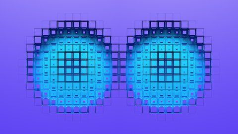 Blue voxels on screen form two circular holes, reveal green chroma key and transparent background. Abstract 3D animated intro. Alpha channel ProRes 4444 in 4k UHD included, color id.