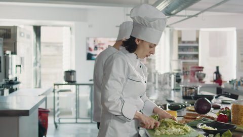 Female cook making restaurant menu food in professional kitchen, cutting celery on board. Authentic chef with uniform preparing meal with organic ingredients, cooking delicious dish recipe.