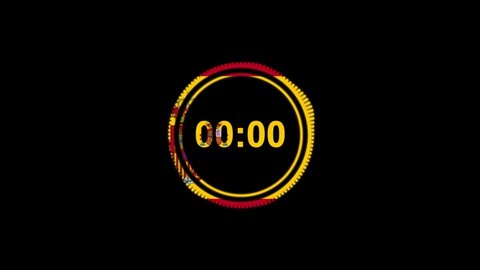 One minute countdown with Flag of Spain. 1 minute countdown. Timer. Countdown 1 minutes. one minute neon countdown. LCD pixels Texture of LED Display