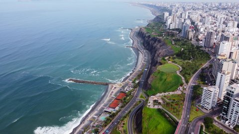 Aerial view of La Costa Verde and the Miraflores boardwalk in Lima. Peru