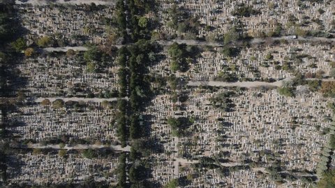 Drone view of the famous Ucler Cemetery in Konya, the white Muslim graves seen from the air, the view of the historical cemetery in Konya