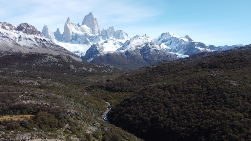 Aerial view of Fitz Roy mountain in Los Glaciares National Park in El Chalten city - Patagonia Argentina - Drone footage