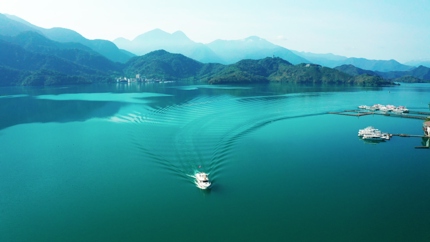 Aerial view Landscape of Sun Moon Lake and boat  in Nantou, Taiwan.