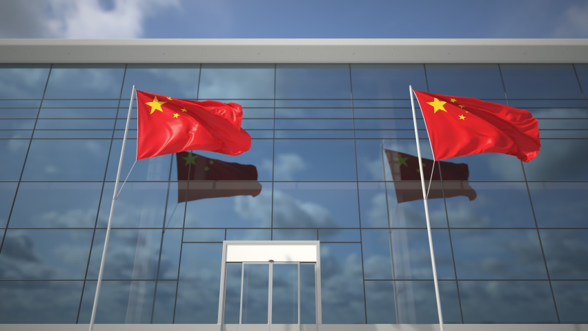 Landing airliner and flags of China in the airport terminal