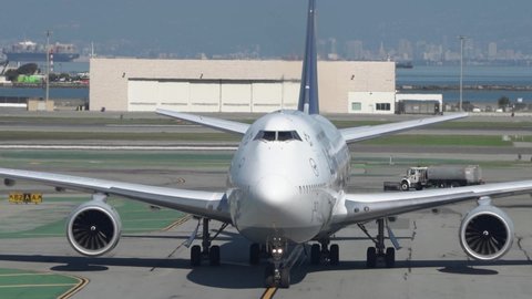 San Francisco, USA - NOV 10 2021: Lufthansa Boeing 747 taxiing at San Francisco International Airport.