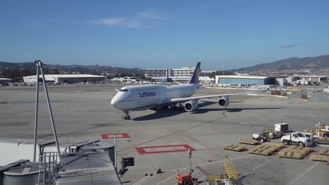 San Francisco, USA - NOV 10 2021: Lufthansa Boeing 747 taxiing at San Francisco International Airport.