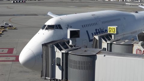 San Francisco, USA - NOV 10 2021: Lufthansa Boeing 747 parked at San Francisco International Airport.