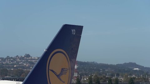 San Francisco, USA - NOV 10 2021: Lufthansa Boeing 747 parked at San Francisco International Airport.