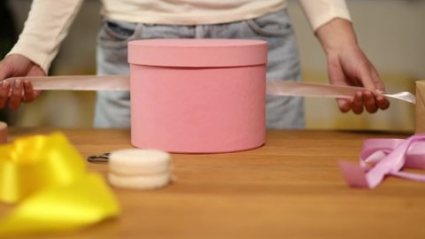 Hands Unrecognisable Woman Wrapping Ribbon Pink Stock Footage Video ...