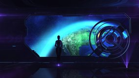 The alien explores humanity from a ship in orbit, 3D render