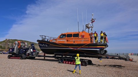 Hastings, East Sussex, UK, April 13, 2022. The RNLI Shannon Class Lifeboat starting to turn on the launch and recovery system at Hastings.