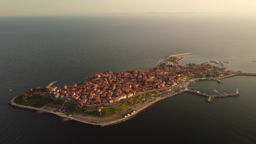 Aerial top view of Nesebar, ancient city on the Black Sea coast of Bulgaria.