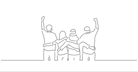 Happy friends in line art animation. Sport celebration of a group of young people footage. Black linear video on white background. Animated gif illustration design.