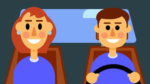 A man and a woman are riding in a car close-up in the cabin. Animation with drawn characters, flat illustration.