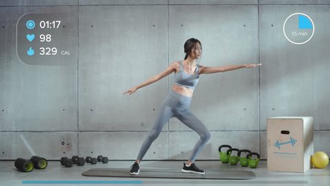 Online Fitness Course Video with Young Athletic Personal Female Trainer Showing Stretching and Yoga Exercises for Body Balance, Stamina and Strength. User Interface Interactive Graphics.