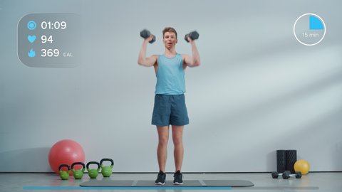 Online Fitness Course Video with Young Athletic Personal Trainer Explaining Strengthening Workout Routine with Dumbbells. Fit Man Showing How to Burn Fat for Beginners. UI Interactive Graphics.