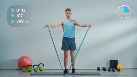 Online Fitness Course Video with Young Athletic Personal Trainer Explaining Core Strengthening Workout Routine with a Rubber Band. Fit Man Showing Exercises for Beginners. UX Interactive Graphics.