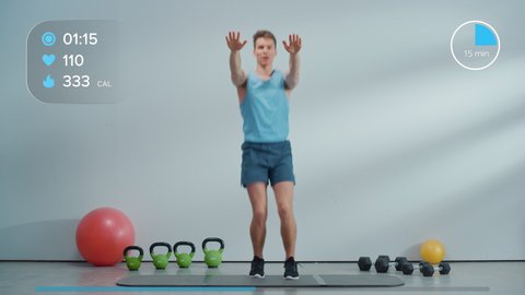 Online Fitness Course Video with Young Athletic Personal Trainer Explaining Cardio Workout Routine Starting with High Knees Exercise. Fit Man Showing How to Lose Body Weight. HUD Interactive Graphics.
