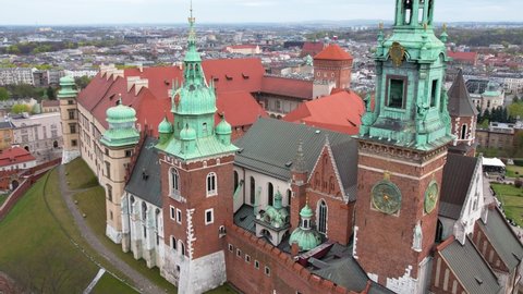Aerial view of Wawel Royal Castle in Cracow situated on Wawel hill, on the bank of the Vistula river in Krakow, Poland.