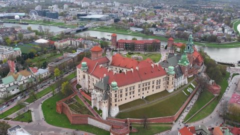 Aerial view of Wawel Royal Castle in Cracow situated on Wawel hill, on the bank of the Vistula river in Krakow, Poland.