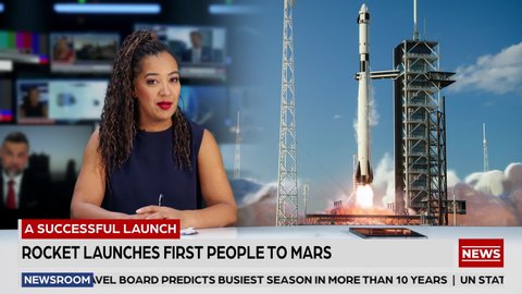 Split Screen TV News Live Report: Anchor Talks. Reportage Montage: Space Travel, Successful Rocket Launch with Astronaut, Control Room Celebrating. Television Program Channel Playback. Luma Matte