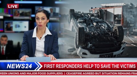Breaking TV News Live Report: Anchorwoman Talks about Segment with Rescue Team o Firefighters Save Victims of Car Crash Traffic Accident. Television Program Channel Playback. Luma Matte
